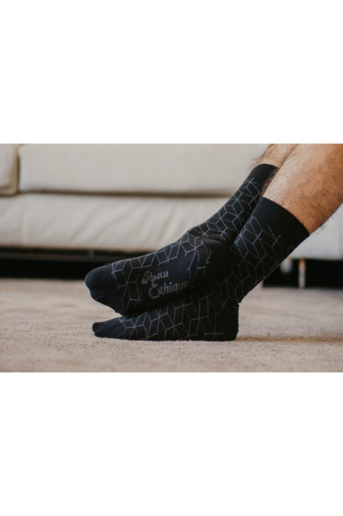 Chaussettes coton bio noires losanges gris, chaussettes coton homme, chaussettes coton femme, chaussettes bio