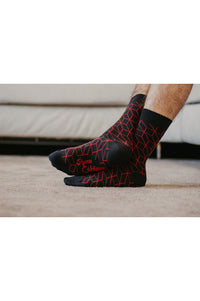 Chaussettes coton biologique noires losange rouge, chaussettes bio, chaussettes coton, chaussettes femme, chaussettes homme