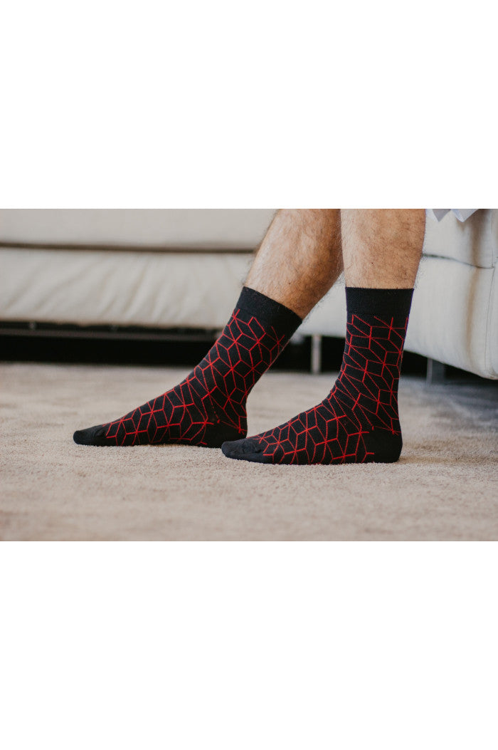 Chaussettes coton biologique noires losange rouge, chaussettes bio, chaussettes coton, chaussettes femme, chaussettes homme
