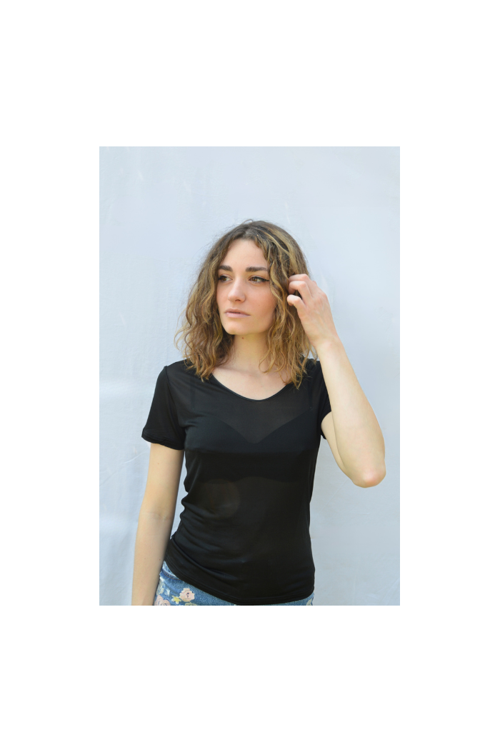 Tee-Shirt Manches Courtes Soie Noir, tee-shirt soie, sous-vêtement soie, sous-vêtement thermorégulant, soie bio