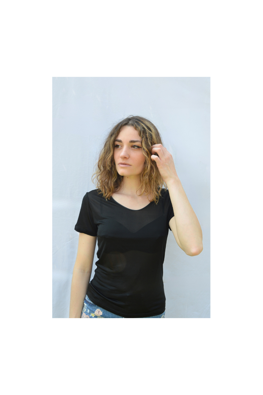 Tee-Shirt Manches Courtes Soie Noir, tee-shirt soie, sous-vêtement soie, sous-vêtement thermorégulant, soie bio